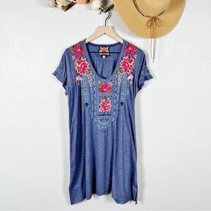 Johnny Was Davis Drape Embroidered Tunic Dress in French Blue Size Medium